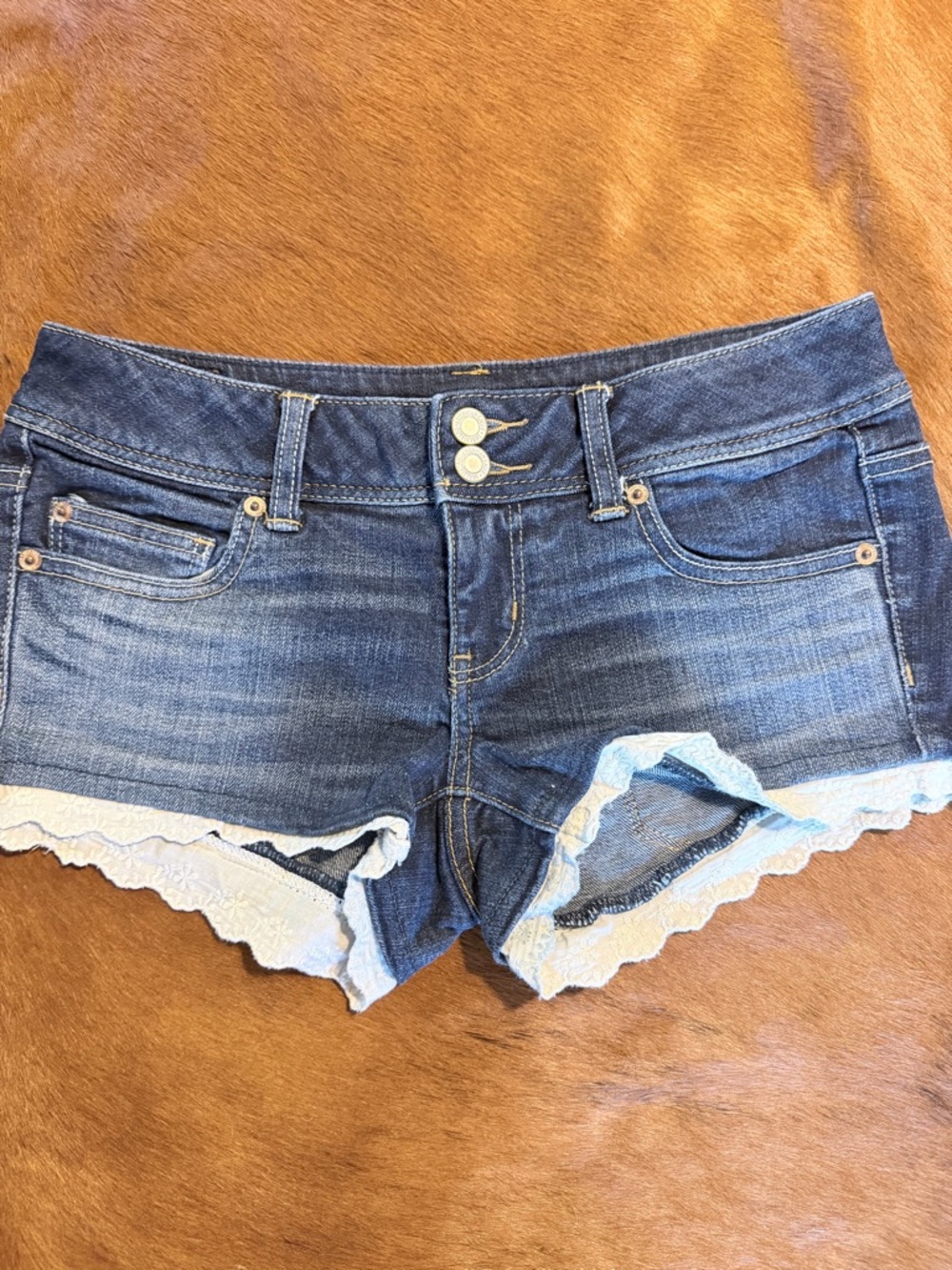 American Eagle Outfitters Dark Blue Denim Shorts with White Lace Trim